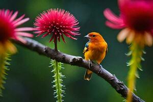 uma pequeno laranja pássaro senta em uma ramo com Rosa flores gerado por IA foto