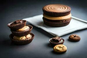 chocolate copos com biscoitos e de outros guloseimas. gerado por IA foto