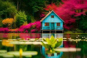 uma azul casa senta em a Beira do uma lago cercado de colorida árvores gerado por IA foto