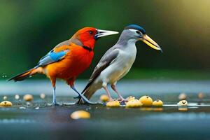 dois colorida pássaros em pé em a terra com Comida. gerado por IA foto
