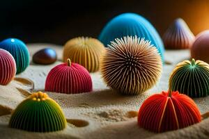 colorida papel bolas dentro a areia. gerado por IA foto