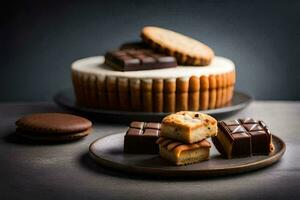 uma bolo com biscoitos e chocolate em uma placa. gerado por IA foto