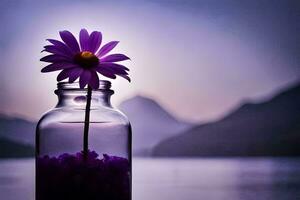 uma roxa flor dentro uma vidro jarra com água e montanhas dentro a fundo. gerado por IA foto