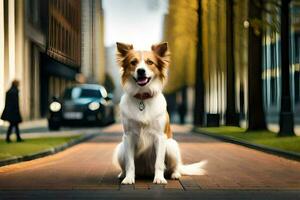 uma cachorro sentado em a calçada dentro frente do uma carro. gerado por IA foto