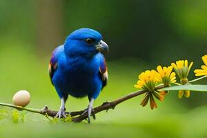uma azul pássaro sentado em uma ramo com amarelo flores gerado por IA foto