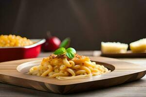 Macarrão e queijo em uma de madeira placa. gerado por IA foto