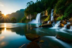 a Sol sobe sobre uma cascata dentro a montanhas. gerado por IA foto