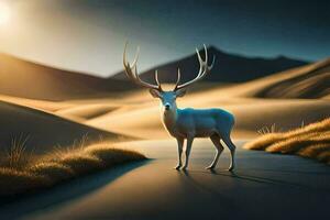 uma branco veado carrinhos dentro a deserto às pôr do sol. gerado por IA foto