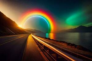 uma arco Iris é visto sobre a estrada às pôr do sol. gerado por IA foto