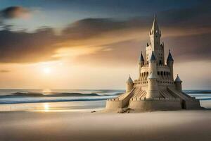 uma areia castelo em a de praia às pôr do sol. gerado por IA foto