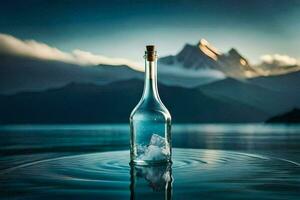 mensagem dentro uma garrafa, lago, montanhas, água, hd papel de parede. gerado por IA foto
