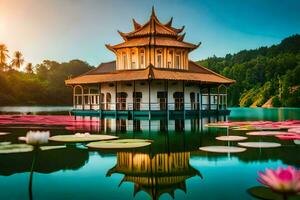 a lindo pagode dentro a lago. gerado por IA foto