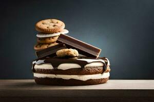 uma bolo com biscoitos e chocolate em topo. gerado por IA foto