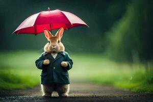 uma Coelho dentro uma terno segurando a guarda-chuva. gerado por IA foto