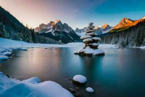 uma congeladas lago cercado de neve e montanhas. gerado por IA foto