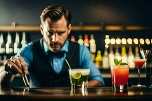 uma barman preparando coquetéis às uma bar. gerado por IA foto