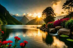 a Sol conjuntos sobre uma lago e flores gerado por IA foto