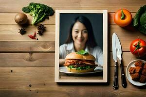 uma mulher é cozinhando uma hamburguer em uma de madeira mesa. gerado por IA foto