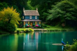 uma azul casa senta em a Beira do uma lago. gerado por IA foto