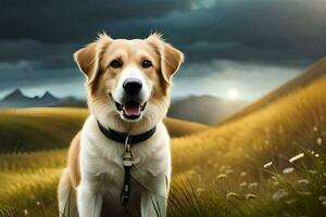 uma cachorro é em pé dentro uma campo com uma Sombrio céu. gerado por IA foto