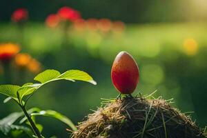 uma vermelho ovo sentado em topo do uma plantar. gerado por IA foto