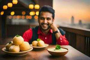 uma homem sorrisos enquanto sentado às uma mesa com dois taças do Comida. gerado por IA foto