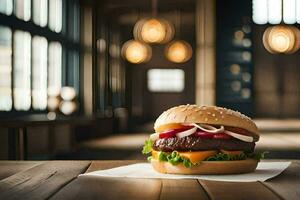 uma Hamburger sentado em topo do uma de madeira mesa. gerado por IA foto