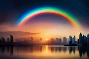 uma arco Iris sobre uma cidade às pôr do sol. gerado por IA foto