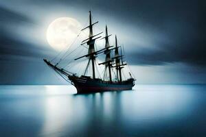 uma Navegando navio dentro a oceano debaixo uma cheio lua. gerado por IA foto