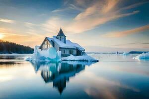uma Igreja em a iceberg dentro a meio do a oceano. gerado por IA foto