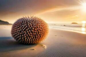 uma bola do espetado espinhos em a de praia. gerado por IA foto