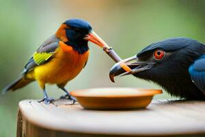 dois pássaros comendo a partir de uma tigela em uma mesa. gerado por IA foto