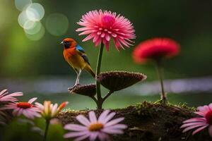 uma colorida pássaro empoleirado em topo do uma flor. gerado por IA foto