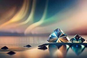 três diamante em forma objetos sentado em a água. gerado por IA foto