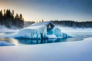uma casa fez do gelo flutua em a água. gerado por IA foto