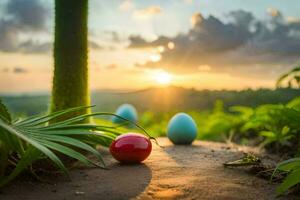 três colorida ovos estão em a terra dentro frente do uma pôr do sol. gerado por IA foto