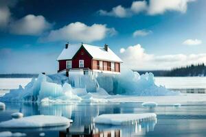 uma vermelho casa em a iceberg dentro a meio do a oceano. gerado por IA foto