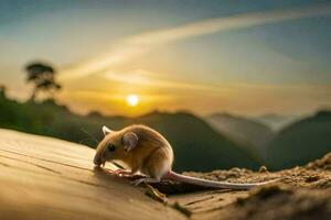 uma rato é sentado em uma registro dentro frente do a Sol. gerado por IA foto