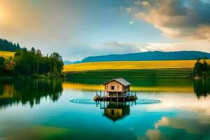 a casa em a lago. gerado por IA foto