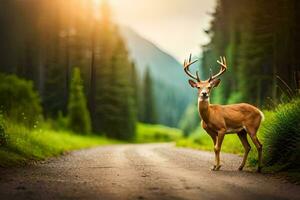 uma veado carrinhos em uma estrada dentro a floresta. gerado por IA foto