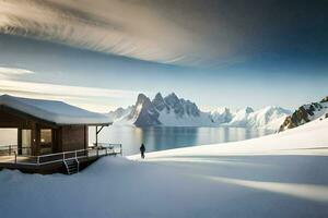 uma cabine dentro a neve com montanhas dentro a fundo. gerado por IA foto