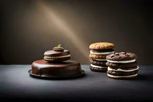 chocolate bolo, biscoitos e uma chocolate biscoito. gerado por IA foto