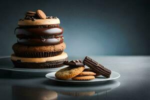 uma pilha do chocolate biscoitos e uma pilha do chocolate bolo. gerado por IA foto
