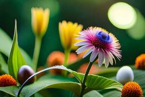 uma colorida flor é dentro a meio do uma campo. gerado por IA foto