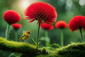 uma pássaro é empoleirado em uma musgo coberto ramo perto uma vermelho flor. gerado por IA foto