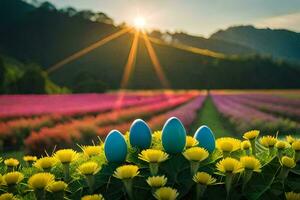 Páscoa ovos dentro uma campo do flores gerado por IA foto