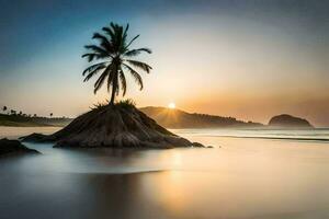 a Sol sobe sobre a oceano e uma solitário Palma árvore em uma Rocha. gerado por IA foto