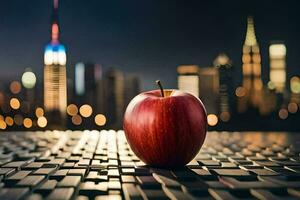 a maçã senta em topo do uma computador portátil teclado dentro frente do uma paisagem urbana. gerado por IA foto