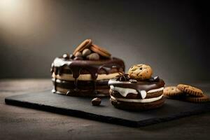 chocolate bolo com biscoitos e chocolate salgadinhos. gerado por IA foto