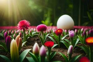 a ovo é dentro a meio do uma campo do flores gerado por IA foto